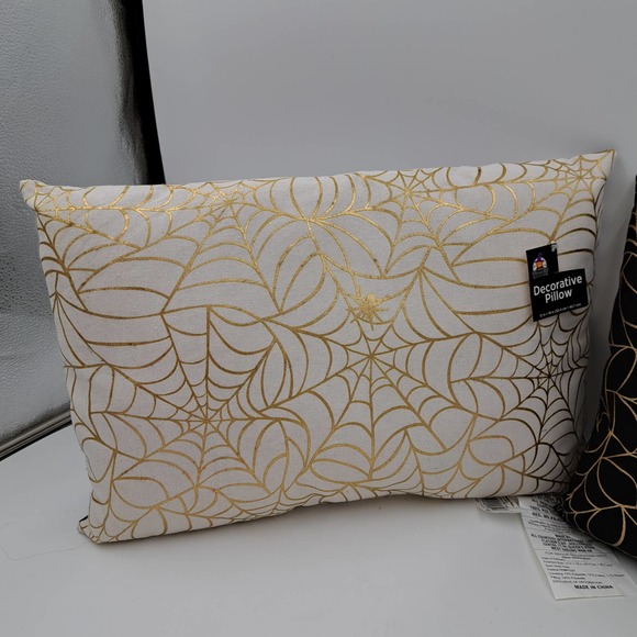 Set of 2 Halloween Spider web pillows New 1 Black Gold 1 Cream Gold - Picture 4 of 5